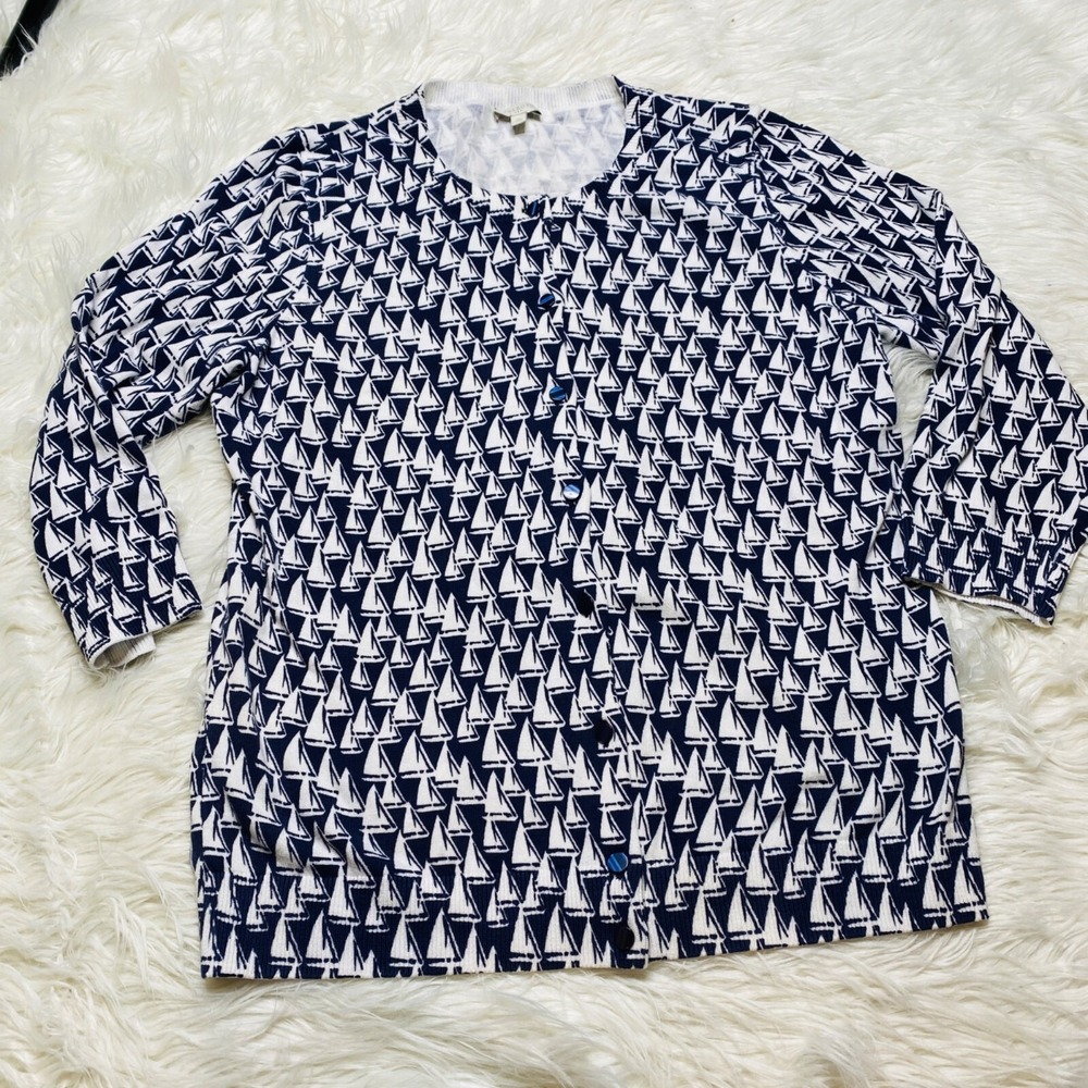 Talbots Sweater Womens Medium Cardigan Sailboat Navy White Button Front Cotton